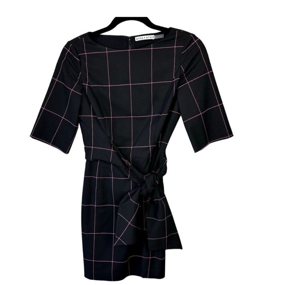 Alice + Olivia Virgil Belted Mini Dress Black Pink Windowpane 0